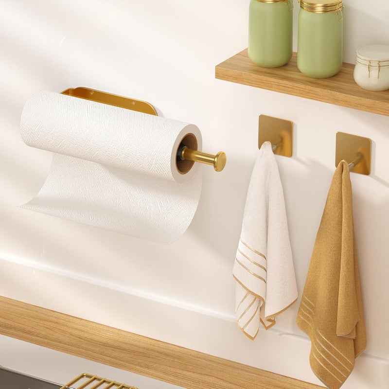 Winproper Paper Towel Holder Under Cabinet with 2 Hooks, Paper Towel Holder Wall Mount with Damping Effect, Self-Adhesive or Drilled Paper Roll Holders for Kitchen, Bathroom, RV(Gold) - Image 3